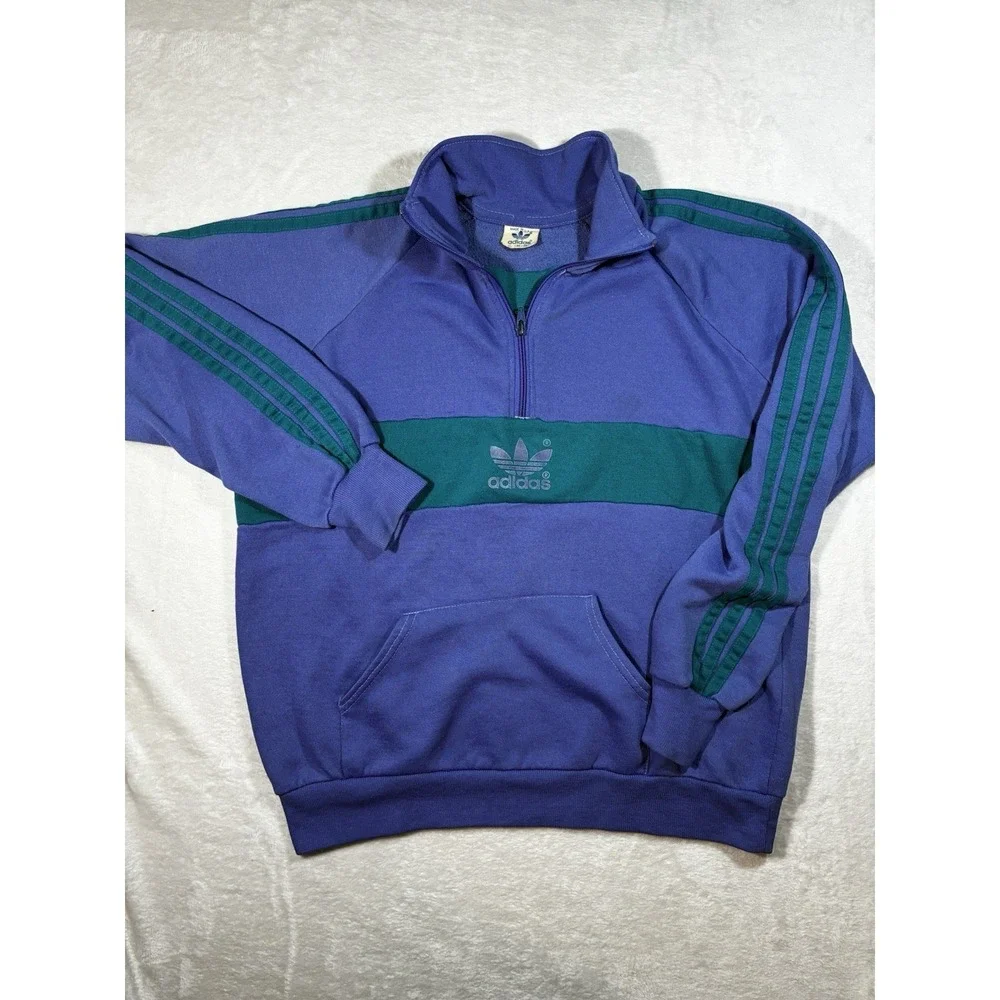 Vintage Made In USA Adidas Size XL Trefoil 3 Stripe Crewneck Pullover 1/4 Zip